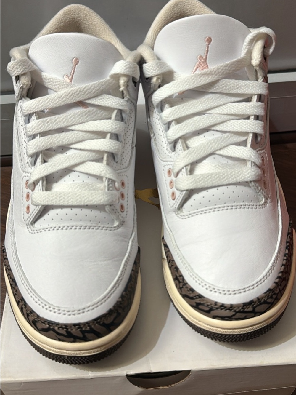Jordan White Sneakers with Brown Elephant Print Accents
